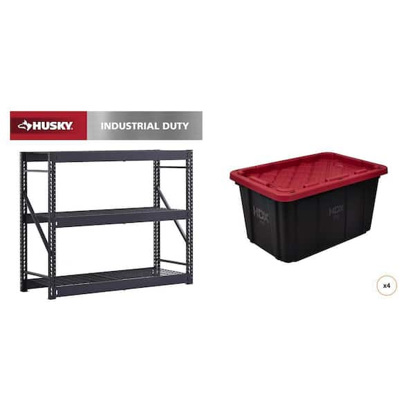 65 in. W x 54 in. H x 24 in. D Black 3-Shelf Metal Shelving Unit, 27 Gal. Black and Red Storage Tote (4-Count) Combo