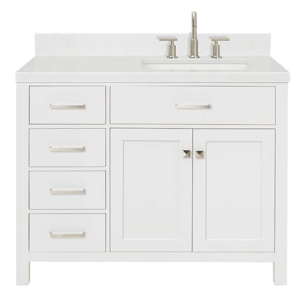 Bristol 42.25 in. W x 22 in. D x 36 in. H Single Sink Freestanding Bath Vanity in White with Carrara White Quartz Top