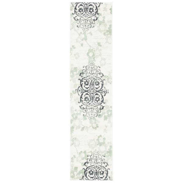 Adirondack Ivory/Green 3 ft. x 8 ft. Floral Damask Runner Rug