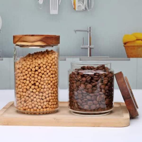 5-Piece Borosilicate Glass Canister Set Kitchen Storage Jars with Airtight Wooden Lids for Tea Coffee Sugar
