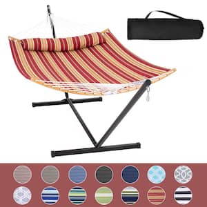 12.3 ft. Free Standing, 450 lbs. Capacity, Heavy-Duty 2-Person Hammock with Stand and Detachable Pillow in Red Stripes