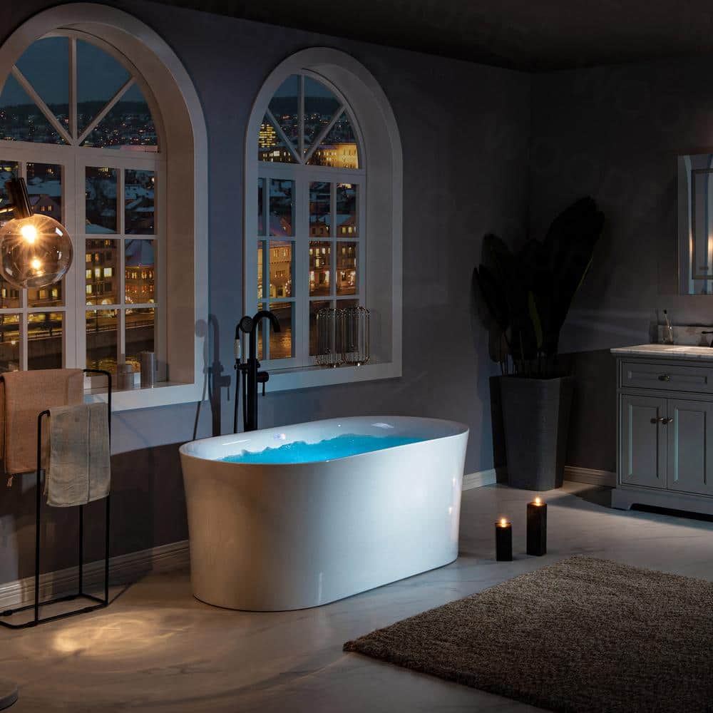 67'' White Acrylic Freestanding Air Soaking Bathtub with Brushed Gold Trim
