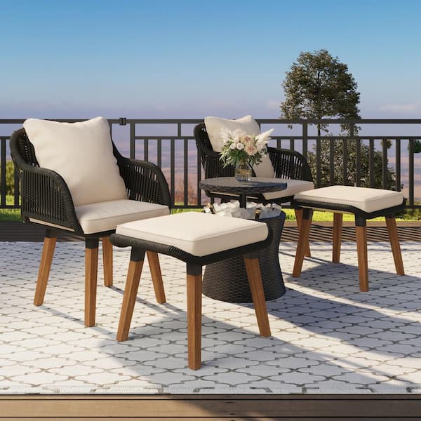 Harper & Bright Designs 5-Piece Black Wicker Patio Conversation Set with Ottoman, Bistro Set with Beige Cushions, Wicker Cool Bar Table