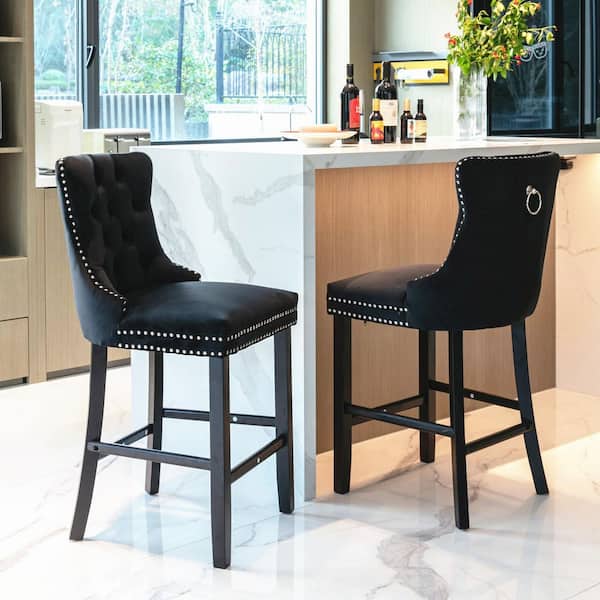 26 in. Black Contemporary Velvet Barstools with Button Tufted Back, Wooden Legs and Chrome Nailhead Trim (Set of 2)