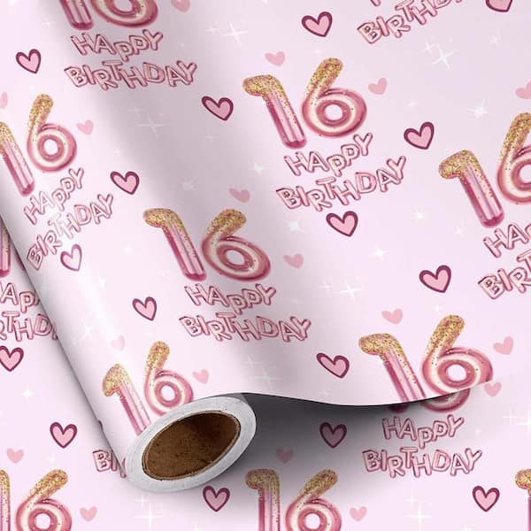 N/A Birthday Wrapping Paper Pink Number 16 Balloons Hearts Design Mini Roll 17 in. x 16.4 ft. for Girls' Party Gifts
