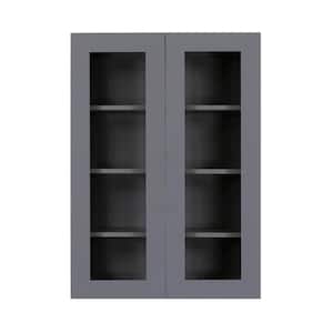 Lancaster Gray Plywood Shaker Stock Assembled Wall Glass Door Kitchen Cabinet 24 in. W x 42 in. H x 12 in. D