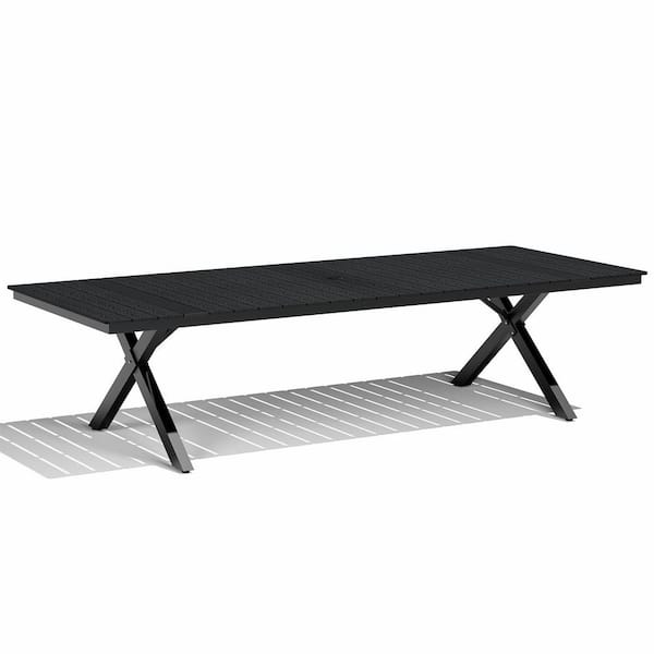 118 in. Aluminum Frame Rectangular Outdoor Dining Table in Black with Umbrella Hole
