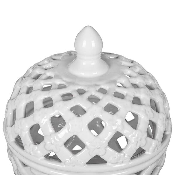 White Ceramic DecorativeLidded Jar with Lattice Design (Set