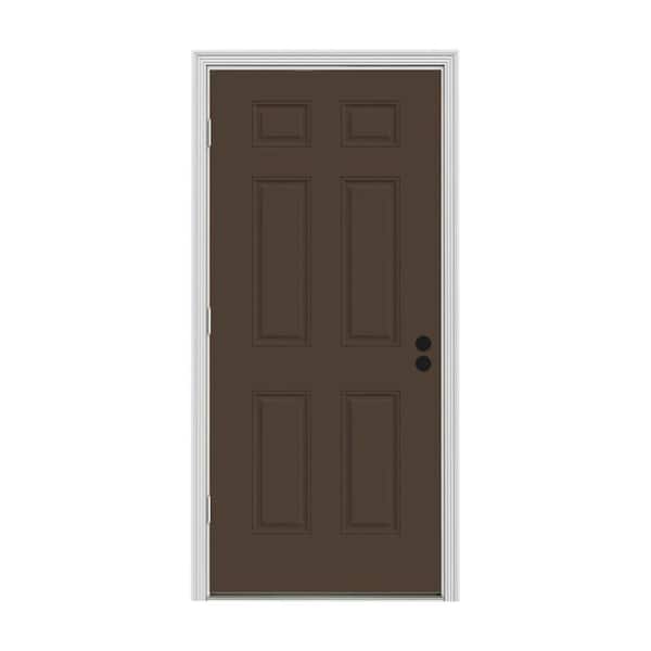JELD-WEN 30 in. x 80 in. 6-Panel Dark Chocolate Painted Steel Prehung Right-Hand Outswing Front Door w/Brickmould