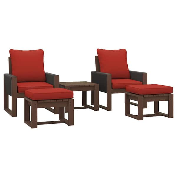 5-Piece Rustic Hemlock Wood Outdoor Patio Conversation Set with Ottomans, Red Cushions