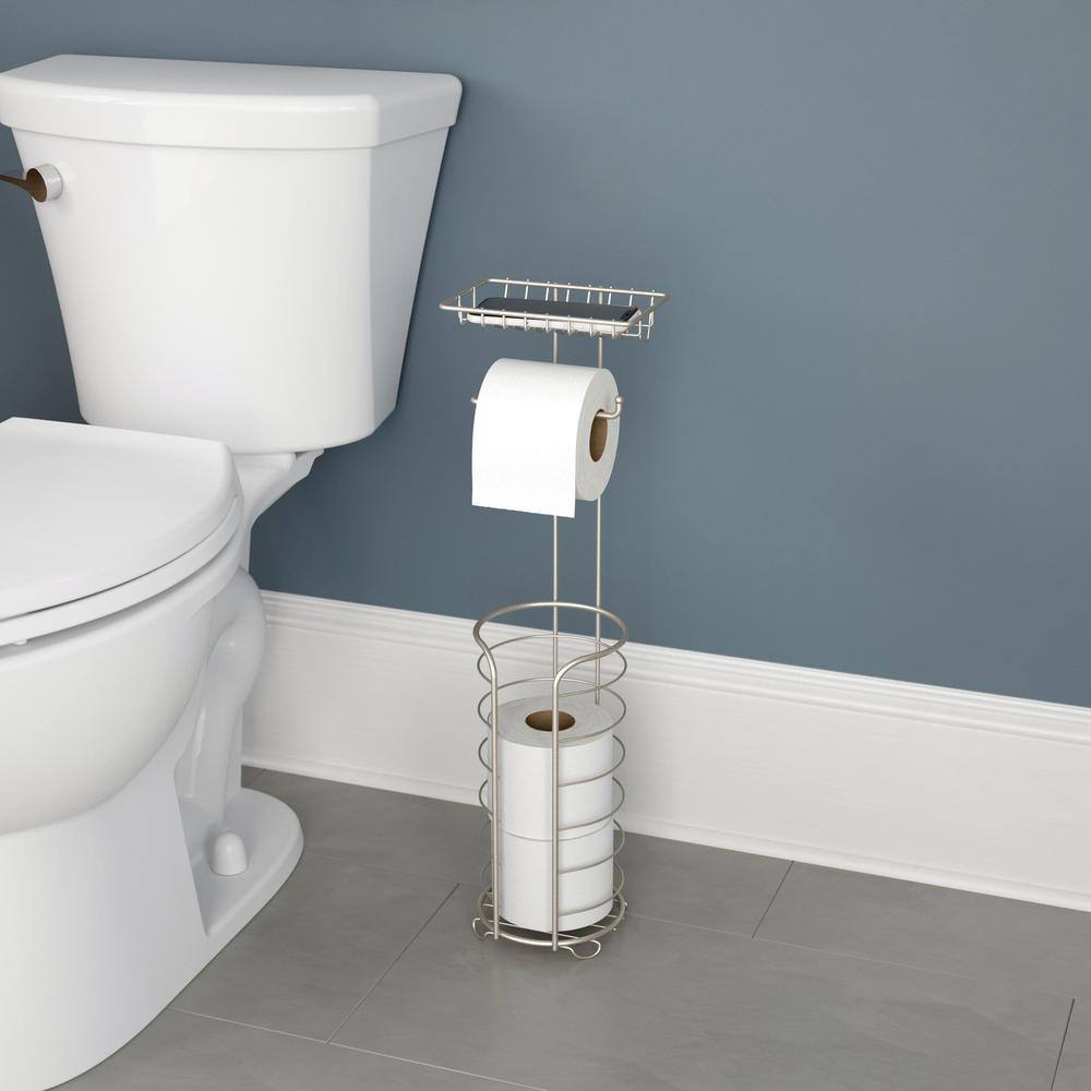 Brushed Nickel Freestanding Toilet Paper Holder with Storage Shelf