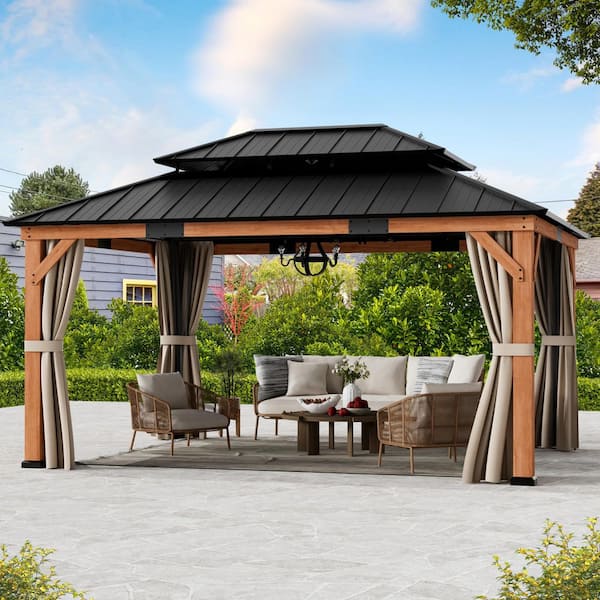 Ultra Series Wood Gazebo 12 ft. x 16 ft. Cedar Framed Gazebo with Double Galvanized Steel Roof, Netting and Curtains