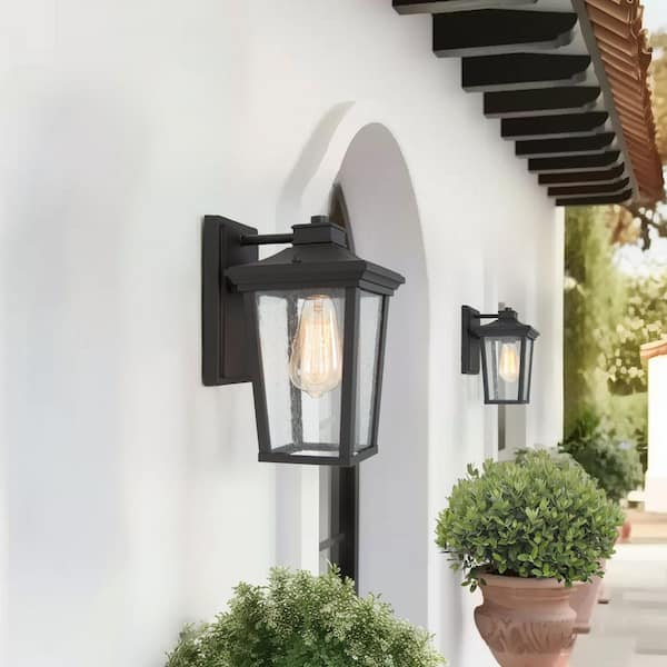 Transitional 1-Light 11 in. Black Wall Lantern Sconce with Seeded Glass Shade Modern Outdoor Wall Light LED Compatible