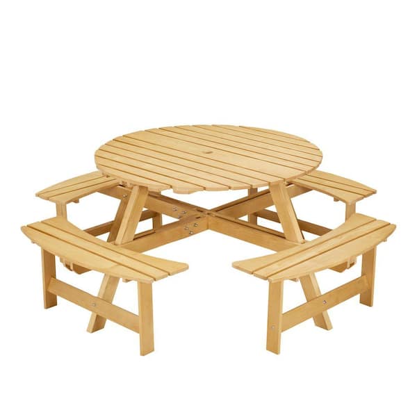 70.08 in. W 8-Person Outdoor Round Wood Picnic Table Set with 4 Built-in Benches and Umbrella Hole