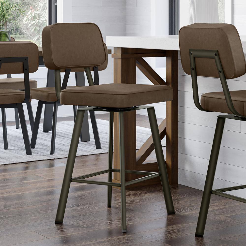 Brown Faux Leather Swivel Counter Stool with Gun Metal Finish