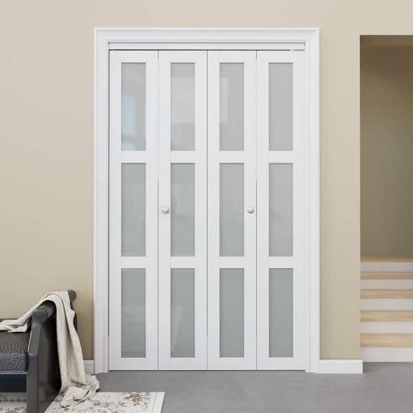 48 in. x 96 in. 3-Lite Frosted Glass Solid Core White Finished Glass Closet Bi-Fold Door with Hardware
