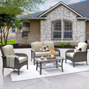 Hyacinth Gray 4-Piece Wicker Patio Outdoor Conversation Seating Set with a Coffee Table and Beige Cushions