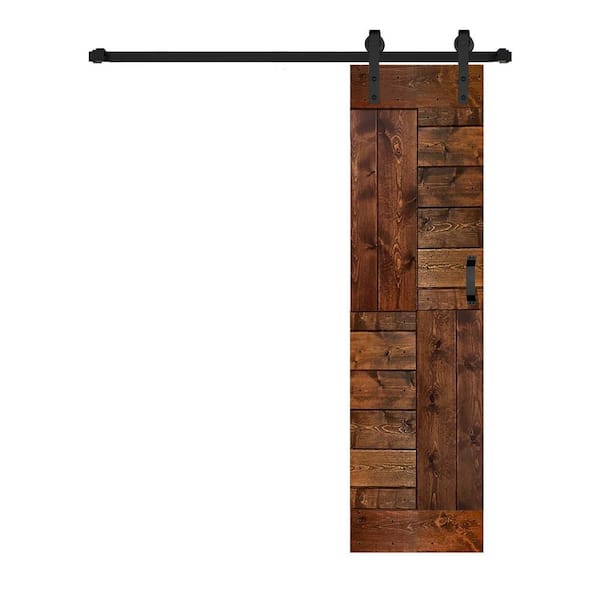 S Series 24 in. x 84 in. Dark Walnut Finished DIY Solid Wood Sliding Barn Door with Hardware Kit -Assembly Required