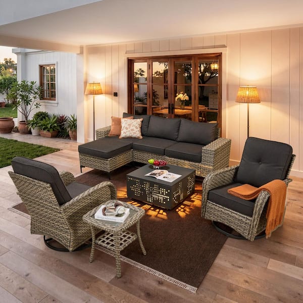 Sunny 8-Piece Wicker Outdoor Patio Conversation Sofa Set with Swivel Chairs, Solar-Lighted Table and Black Cushions