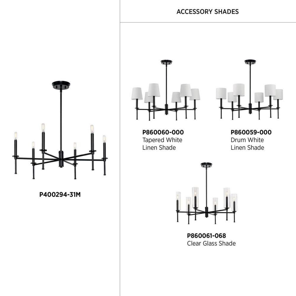 Elara Matte Black Steel 6-Light Chandelier with Clear Glass Shades