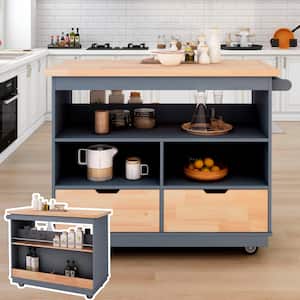 Blue Wood 46 in. Kitchen Island with 2-Drawers, 3 Open Compartments, Wheel Lock