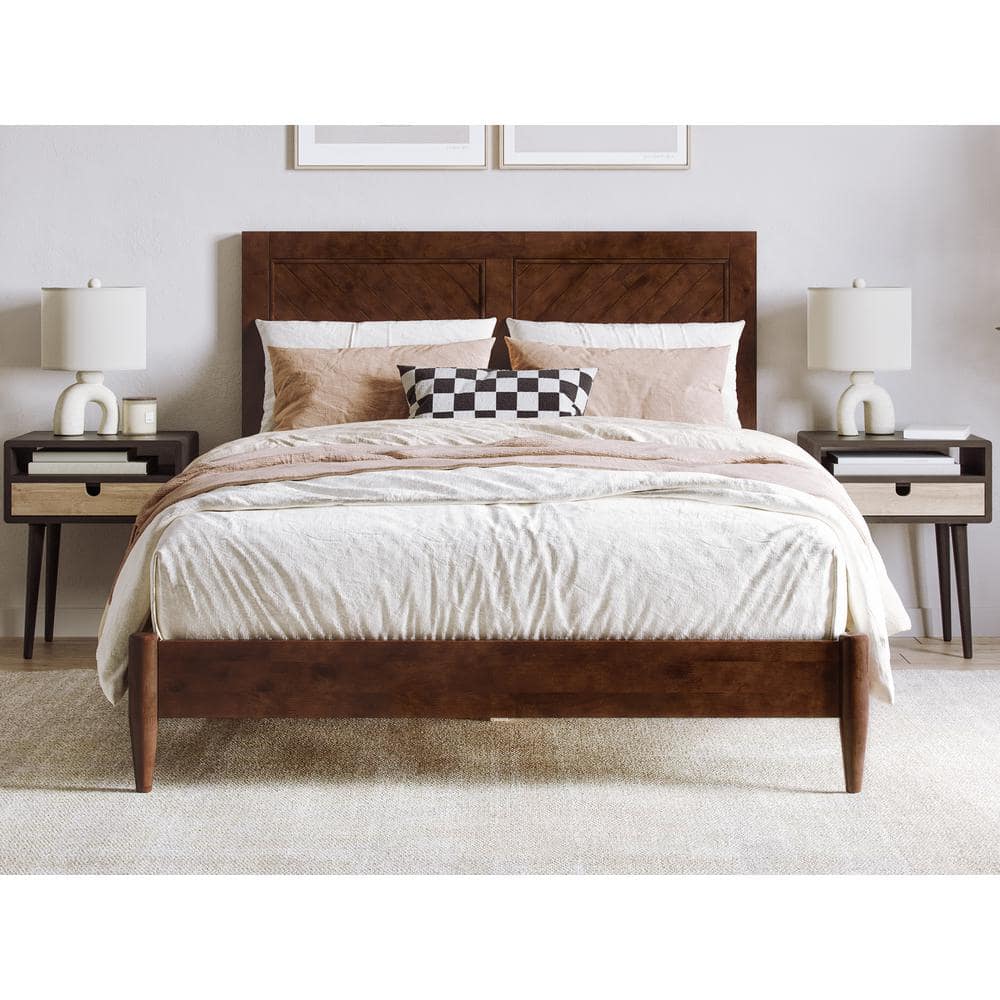 Walnut Full Solid Wood Platform Bed with Chevron Headboard