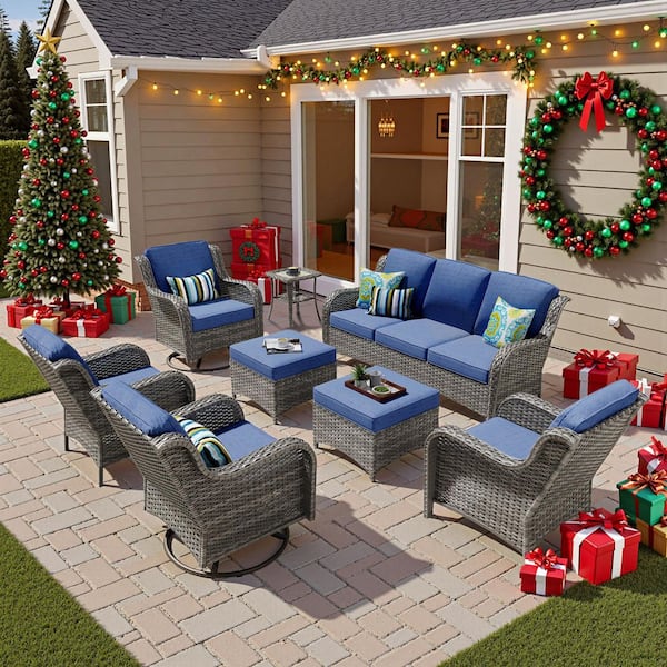 Clario 8-Piece Wicker Patio Sectional Conversation Set with Denim Blue Cushion and Rocking Swivel Chairs for Backyard