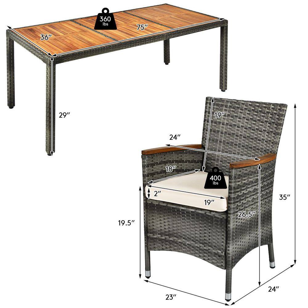 Mix Gray 9-Piece Outdoor Wicker Dining Set with Acacia Wood Table and Beige Cushions
