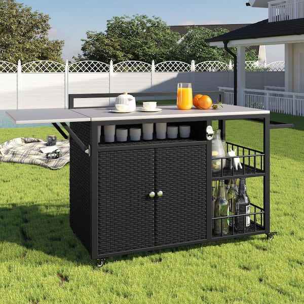 Dark Brown Outdoor Steel Top 63.5 in. Kitchen Island with Foldable Side Tabletop, Ample Storage Space, Bottle Opener