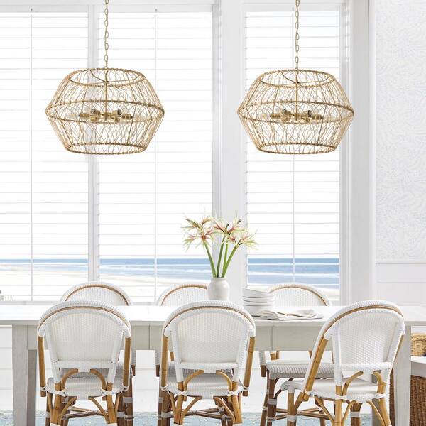 20" Large Rattan Chandelier 6-Light Coastal Vintage Farmhouse Hand-Woven Boho