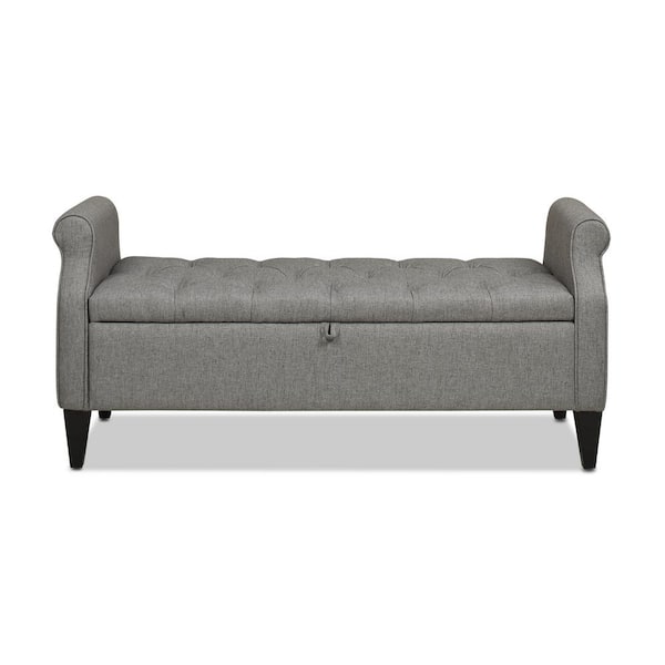Jennifer Taylor Jacqueline 57.5 in. W x 20 in. D x 25 in. H Tufted Roll Arm Storage Bench, Dark Heathered Grey Linen
