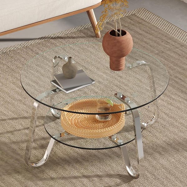 31.5 in. Round Clear Tempered Glass Coffee Table-Double Storage Space and Silver Metal Legs for Living Room