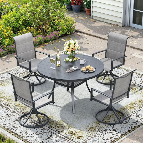 5-Piece Metal Outdoor Dining Set with 40.6 in. Gray Round Table and 4 Gray Swivel Dining Chairs for 4 Person