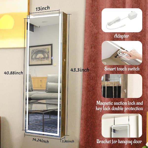 Antique Gray MDF Fashion Simple Jewelry Storage Mirror Cabinet With LED Lights Can Be Hung On The Door Or Wall