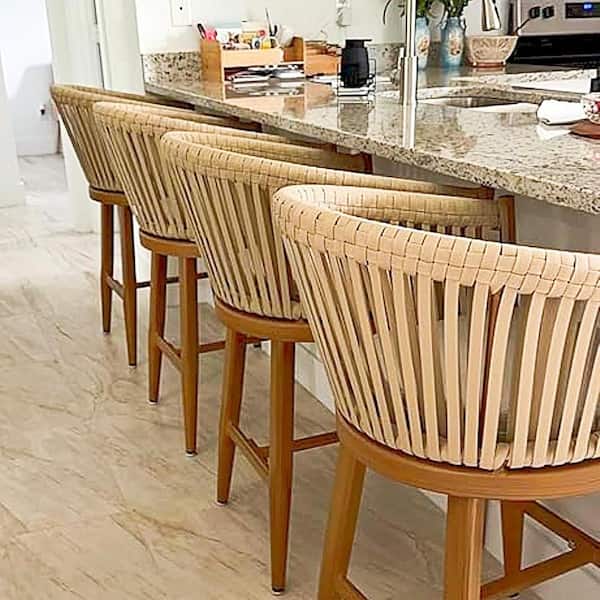 Modern Aluminum PE Rattan Counter Height Outdoor Bar Stool with Back and Beige Cushion (4-Pack)