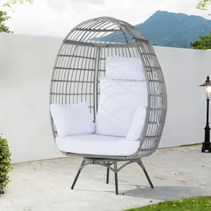 Patio Wicker Swivel Egg Chair, Oversized Indoor Outdoor Egg Chair, Gray Ratten White Cushions
