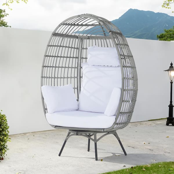 SANSTAR Patio Wicker Swivel Egg Chair, Oversized Indoor Outdoor Egg Chair, Gray Ratten White Cushions