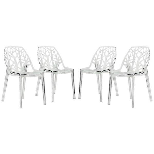 Leisuremod Stackable Dining Chair Modern Cut-Out Design Backrest Set of 4 Side Chair for Indoor and Outdoor in Clear