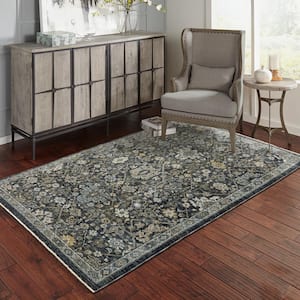 Ambrose Blue 5 ft. x 8 ft. Vintage Oriental Floral Polyester Fringe Edge Indoor Area Rug