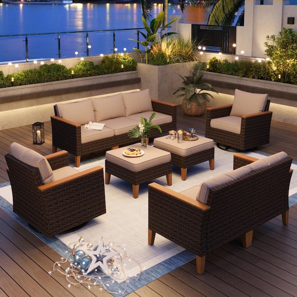 PHI VILLA Brown Wicker Rattan 9 Seat 9-Piece Steel Outdoor Patio Conversation Set with Beige Cushion 2 Swivel Sofas and 2 Ottomans