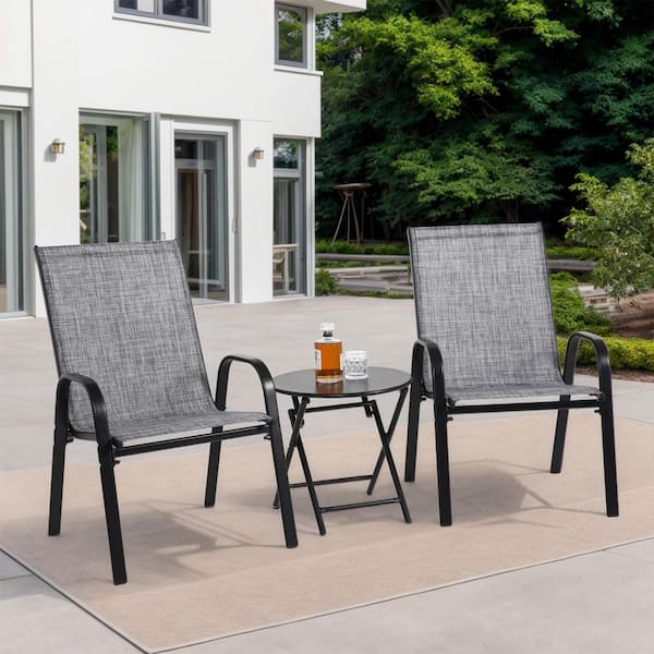 Steel Outdoor Dining Chair with Armrest and High Backrest in Grey (Set of 2) for Garden, Patio, Pool, Beach, Yard