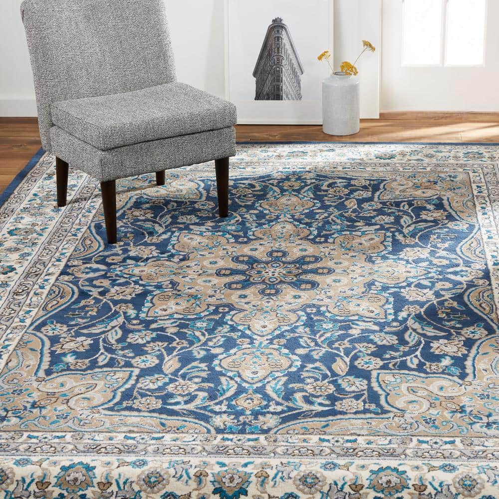 Navy Blue and Ivory Traditional Medallion Area Rug 9'2" x 12'5"