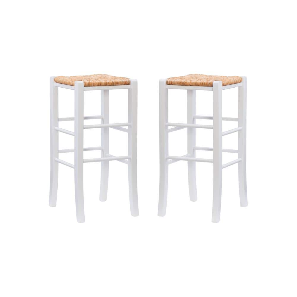 Marlene 29.15 in. White Backless Wood Bar Stool with Rush Seat Set of Two