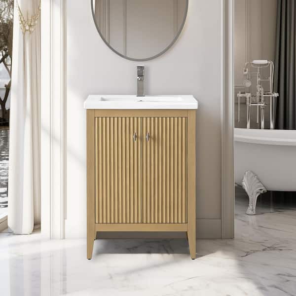 Vanity Art 24 in. W x 18.5 in D x 34 in. H Single Sink Bathroom Vanity Cabinet in Natural Oak with Ceramic Top