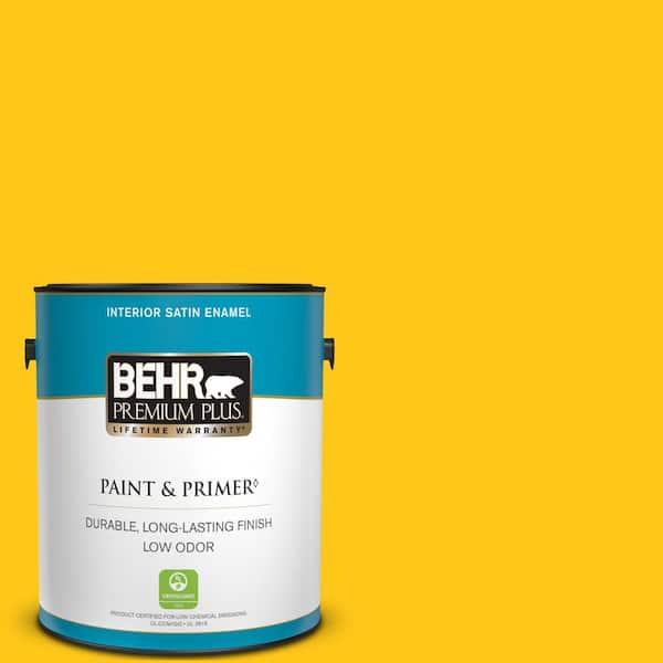BEHR PREMIUM PLUS 1 gal. #P300-7 Unmellow Yellow Satin Enamel Low Odor Interior Paint & Primer