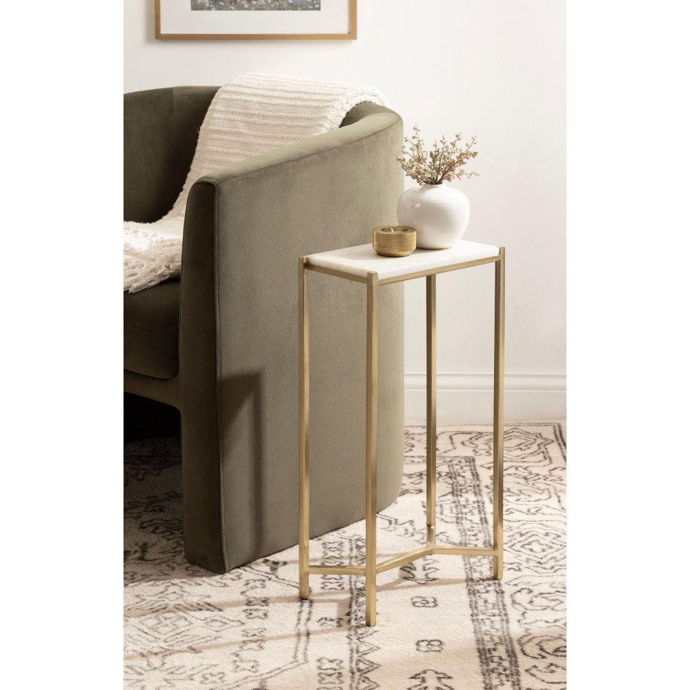 Aguilar 12 in. White/Gold Rectangle Marble End Table