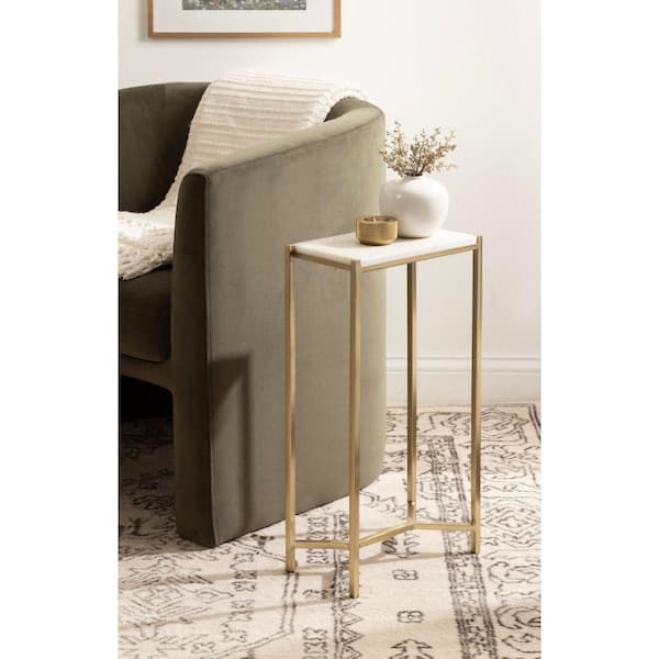 Kate and Laurel Aguilar 12 in. White/Gold Rectangle Marble End Table