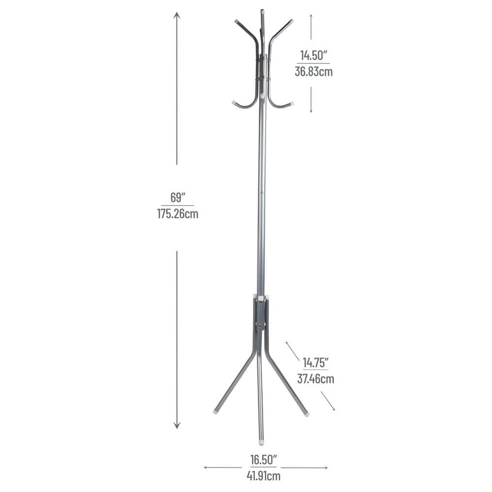 Silver Metal Floor-Standing Coat Rack with Umbrella Stand