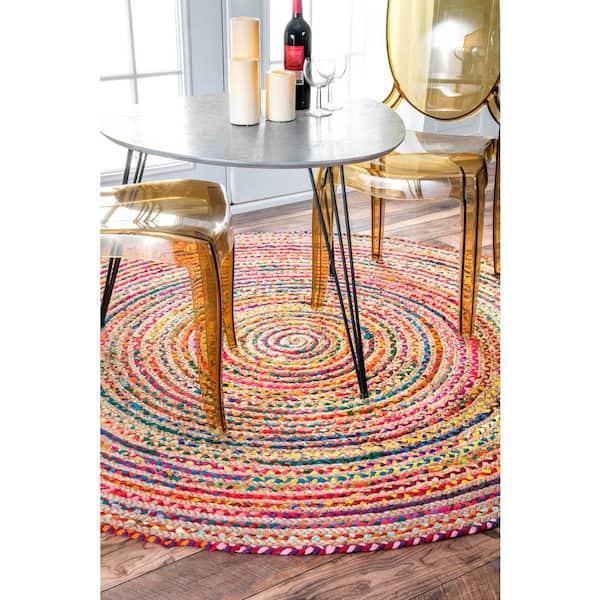 Aleen Bohemian Braided Stripes Jute Multi 6' Round Rug