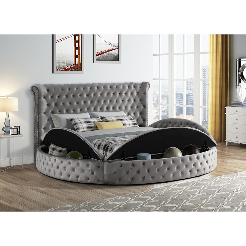 Best Master Furniture Isabella Tufted Velvet Round King Bed with Storage in Gray